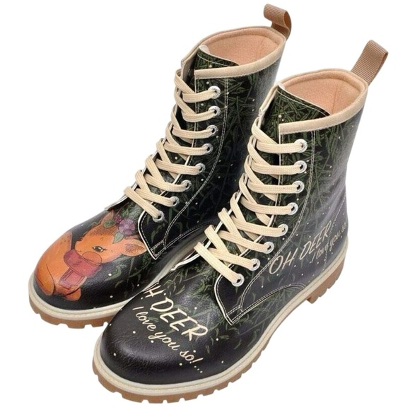 Dogo Boots Womens 9.5 Oh Deer Handmade Printed Vegan Leather Lace Up Shoes Black - Picture 1 of 14